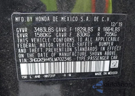 2020 Honda Fit Lx из США, поврежденный, VIN 3HGGK5H45LM702346